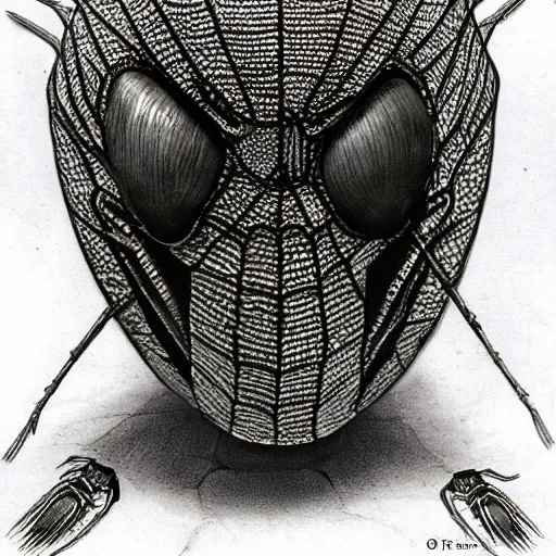 Image similar to spider wearing a viking helmet, by h r giger