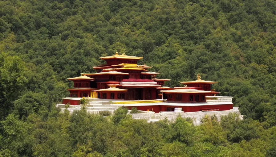 Prompt: temple villa inspired by tibetan architecture, on a green hill, overlooking a valley with trees, frank lloyd wright, photorealistic, birds eye view