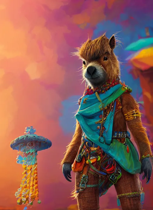 Image similar to detailed full body concept art illustration colorful oil painting of an anthropomorphic capybara pirate in full intricate colorful clothing, ultra detailed, digital art, octane render, 4K, dystopian, biomutant, micro details, hyperrealistic