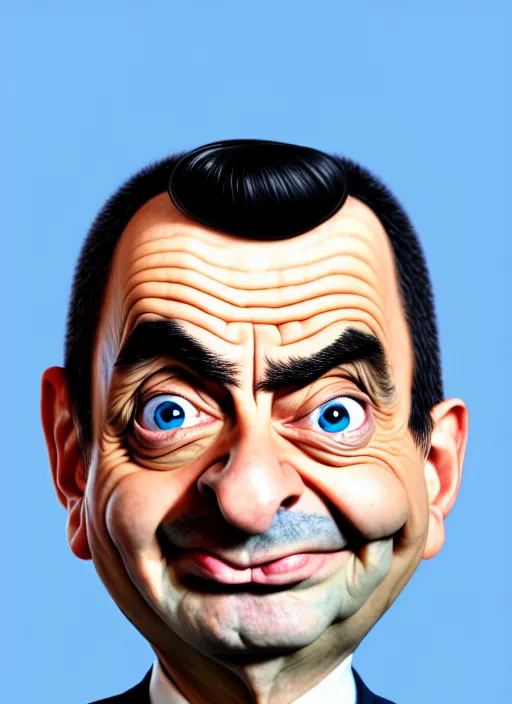 Image similar to highly detailed caricature portrait of mr bean by ross tran, by greg rutkowski, brush strokes, 4 k resolution, light blue pastel background