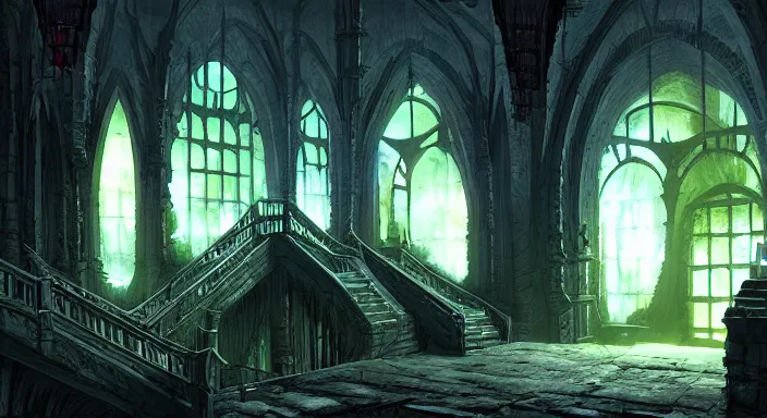 Prompt: dark sinister vampire lair interior by Marc Simonetti, adventure game