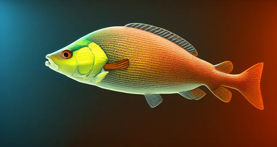 Prompt: a beautiful painting of a redfin perch, octane render, intricate, ultra wide angle, trending on artstation, black light, volumetric lighting, ray lighting from top of frame, crepuscular ray lighting from above, dynamic lighting, muted colors, polished, micro details, ray tracing, 8 k