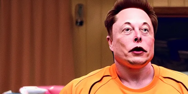 Image similar to scene with bald elon musk in a tracksuit in trailer park boys