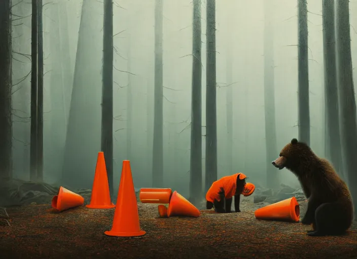 Image similar to a few orange safety cones in a beautiful strange forest and a black hairy fuzzy bear man beast hybrid stands in the center distance, cinematic painting by james jean, atomspheric lighting, moody lighting, dappled light, detailed, digital art, limited color palette, wes anderson, 2 4 mm lens, surreal