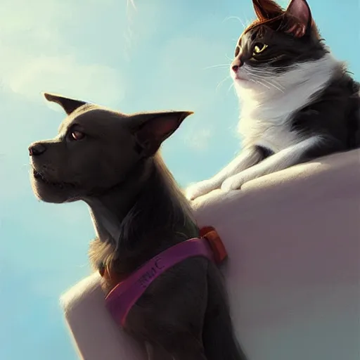 Image similar to A dog and cat stare intently towards the sky, digital art, artstation, Mandy Jurgens, CGSociety, WLOP