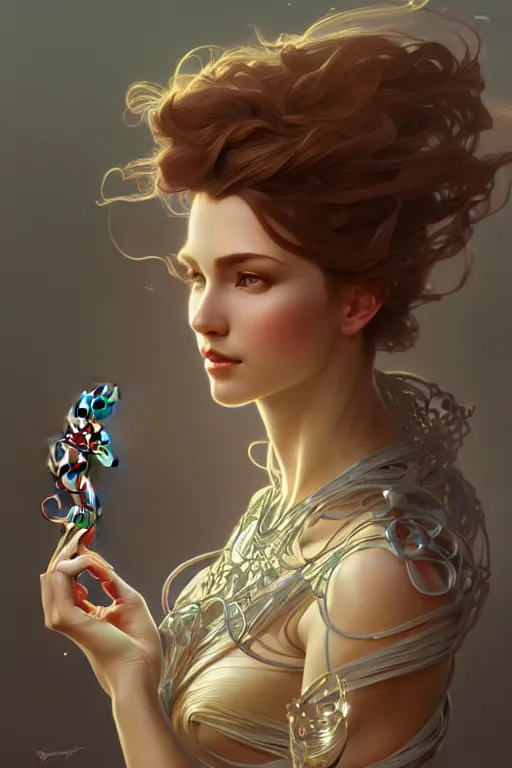 Image similar to Pandora woman, intricate, elegant, highly detailed, digital painting, artstation, concept art, smooth, sharp focus, illustration, art by artgerm and greg rutkowski and alphonse mucha, 8k