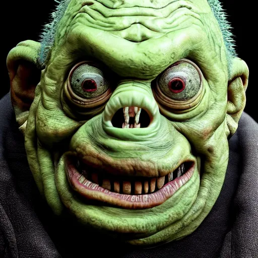 Image similar to photo taken of an epic intricate, ultra detailed, super realistic gritty, terrifying, lifelike sculpture of practical slimer ghost from created for ghostbuster but created by weta workshop, zoomed in shots, photorealistic, sharp focus, cold colour temperture, f 0. 4, face centred