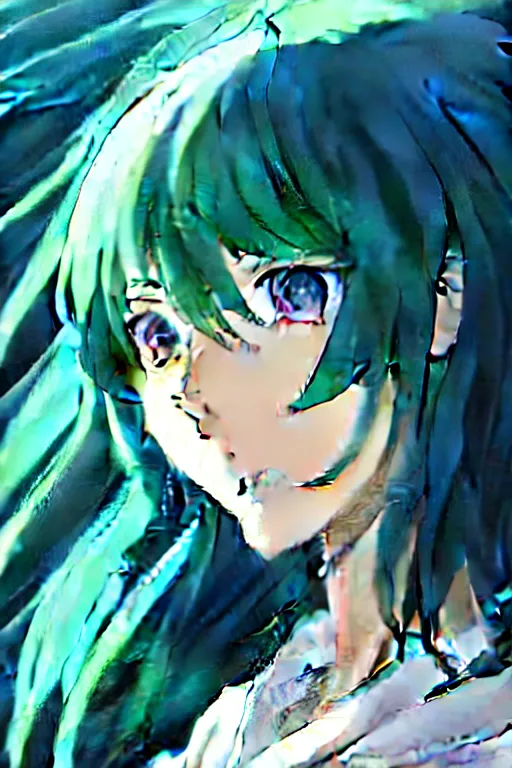 Image similar to makoto shinkai, artgerm, ilya kuvshinov, beautiful anime women with green dress, long blue hair, water powers water swirling, symmetrical face, symmetrical eyes, detailed, beach setting, cinematic lighting