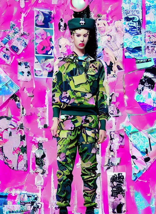 Prompt: vaporwave resort balenciaga military, hot topic, decora inspired, visual art