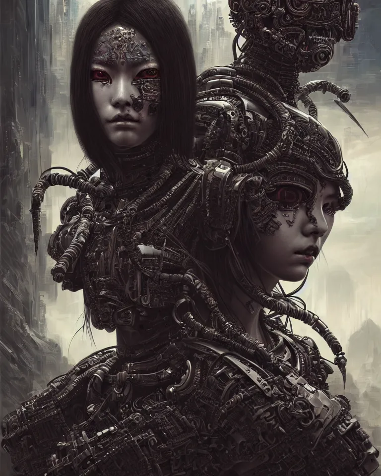 Image similar to ultra realist intricate detailed portrait of a dark samurai cyberpunk girl in an alien landscape, insanity, accurate features, apocalyptic, very intricate details, 8 k resolution, dim lighting, volumetric lighting, artstyle, dennis wojtkiewicz and evelyn de morgan, award winning