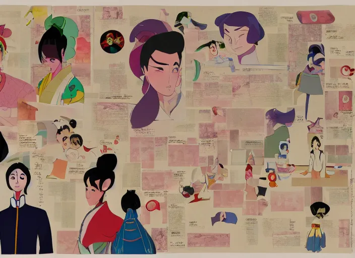 Image similar to experimental character exploration mixed media collage reference sheet layout from masaaki yuasa's mulan ( 1 9 9 7 )