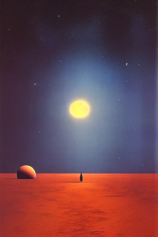 Image similar to emissary deep space by arthur haas and bruce pennington and john schoenherr, cinematic matte painting, james turrell building, photo realism, dark color palate, blue hour stars, desolate desert landscape, triple moon