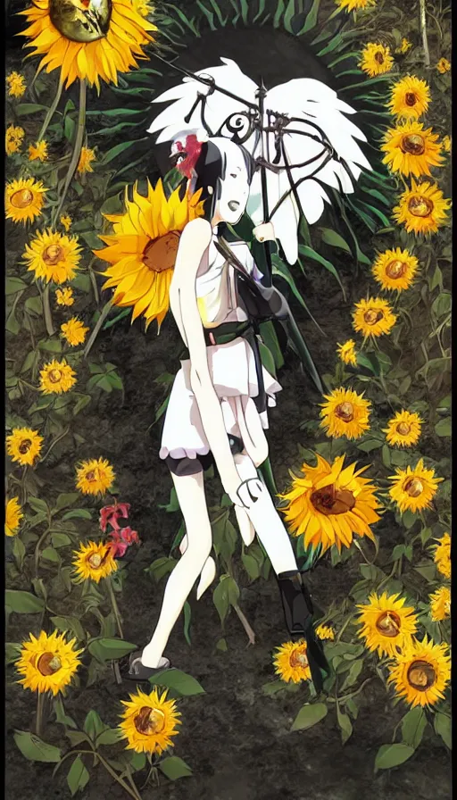 Prompt: the being death as a cute anime girl with a giant cute sun flower scythe from a studio ghibli film inspired by the death tarot card, dark ambiance