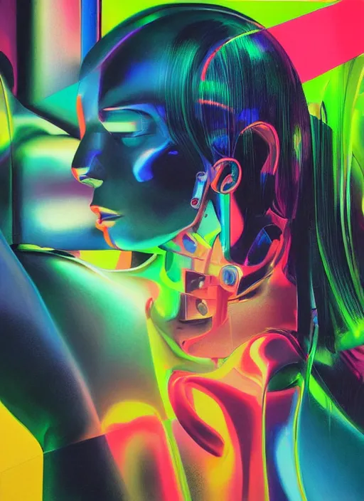 Image similar to futuristic lasers tracing, colorsmoke, fullbodysuit, pyramid hoodvisor, raindrops, wet, oiled, beautiful cyborg girl, by steven meisel, kaws, rolf armstrong, mondrian, hannah af klint perfect geometry abstract acrylic, octane hyperrealism photorealistic airbrush collage painting, monochrome, neon fluorescent colors, minimalist rule of thirds, eighties eros