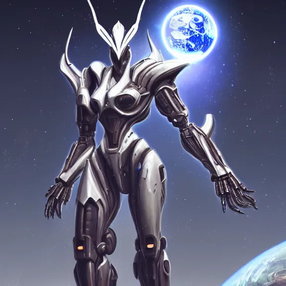 Image similar to giant stunning goddess shot, galactic sized beautiful hot anthropomorphic robot mecha female dragon, floating in space, larger than the planet, holding the earth in her arms, looming over earth, detailed sleek silver armor, epic proportions, epic scale, highly detailed digital art, sci fi, furry art, macro art, dragon art, goddess art, warframe fanart, destiny fanart, anthro, furry, giantess, macro, furaffinity, deviantart, 8k 3D realism