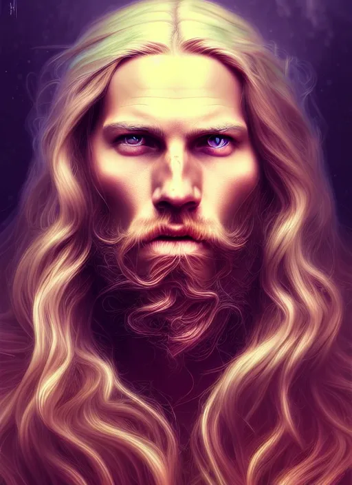 Prompt: overlord, psychedelic flowing hair, viking, portrait, highly detailed, deep focus, elegant, digital painting, smooth, sharp focus, illustration, ultra realistic, 8 k, art by wlop