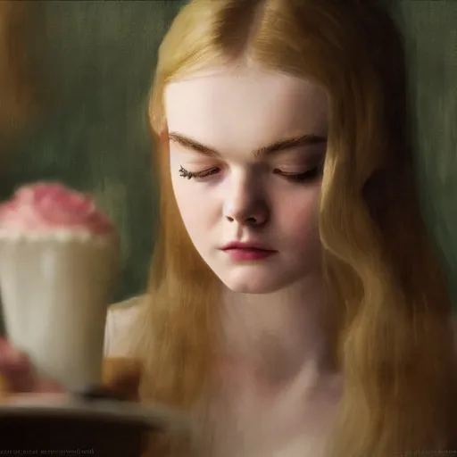 Prompt: Elle Fanning at a diner, head and shoulders portrait, stormy weather, extremely detailed masterpiece, Roger Deakin’s cinematography, oil on canvas, Da Vinci,