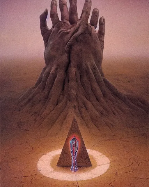 Image similar to a strange big sacred geometry pagan otherworldly monument in the middle of a desert, uncomfortable atmosphere, very expressive, powerful painting, collab by dali, carrington and beksinski