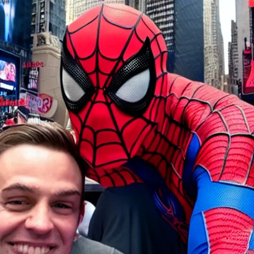 Image similar to a selfie spider - man took with donald trump at time square i'm nyc.