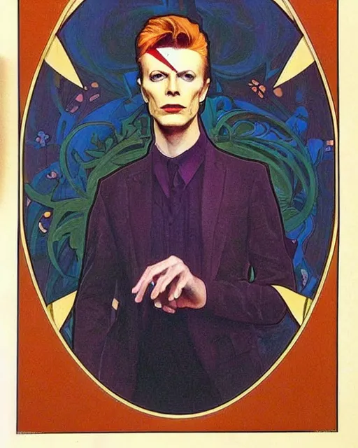 Image similar to a portrait painting of ( ( ( david bowie ) ) ) in the style of alphonse mucha!!!