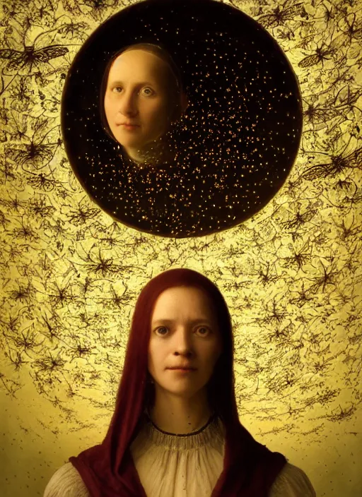 Image similar to portrait of a women with no vision who invented time surrounded by dreams made from fireflies, modern fine art, fractal, intricate, elegant, highly detailed, digital photography, subsurface scattering, by jheronimus bosch and greg rutkowski,