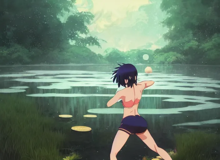 Image similar to portrait of hinata hyuga training in a pond at night, rule of thirds, illustration concept art anime key visual, trending pixiv fanbox by wlop and greg rutkowski and makoto shinkai and studio ghibli and kyoto animation