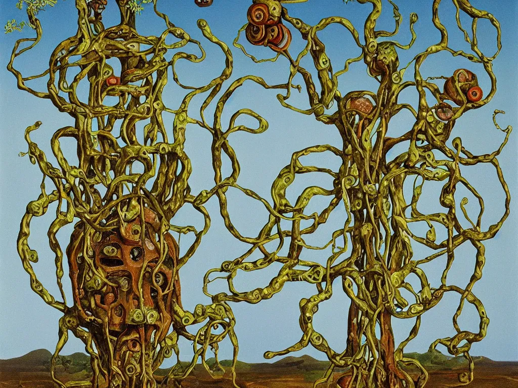 Image similar to painting of a rusty robot overgrown with vines and mushrooms growing out of its head, by Salvador Dali, by Rene Magritte, high quality, simplicity, exquisite