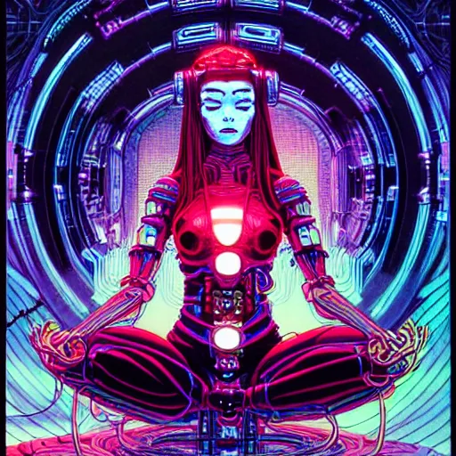 Image similar to a portrait of a beautiful cybernetic woman meditating in lotus pose, wires, cyberpunk concept art by josan gonzales and philippe druillet and dan mumford and enki bilal and jean claude meziere