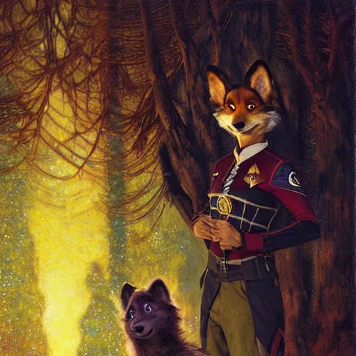 Image similar to a female bird wolf canine in starfleet uniform at night in a dark forest. zootopia fursona furaffinity furry art detailed face painting by gaston bussiere craig mullins jc leyendecker gustav klimt artgerm greg rutkowski furry