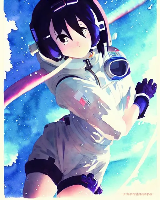 Image similar to oriental water color of a cute thicc astronaut damaged zombiewoman, floating through space, backlit, by makoto shinkai and krenz cushart