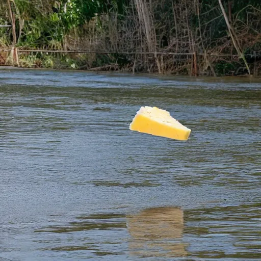 Prompt: cheese slice floating down the river