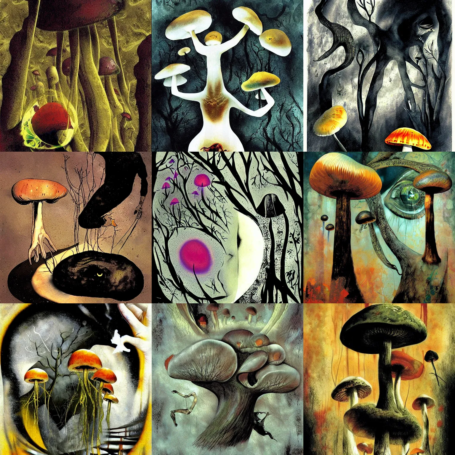 Prompt: psychedelic mushrooms dream, no fears, okay one fear, by dave mckean