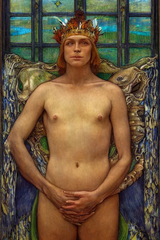 Image similar to the prince in his bone crown and regalia stands by the window at dusk,by Annie Swynnerton and Diego Rivera and Elihu Vedder, symbolist, dramatic lighting, elaborate geometric ornament, Art Brut, soft blues and greens,smooth, sharp focus, extremely detailed, Adolf Wölfli and (Evelyn De Morgan)