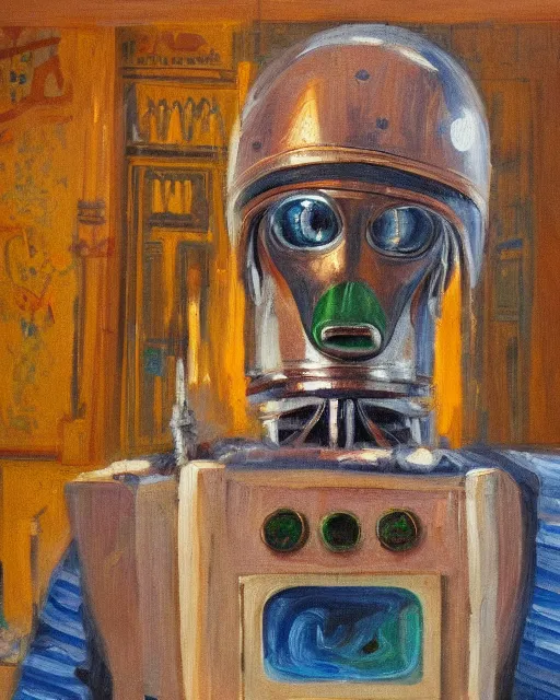 Image similar to a robot praying in the mosque, oil painting, 8 k