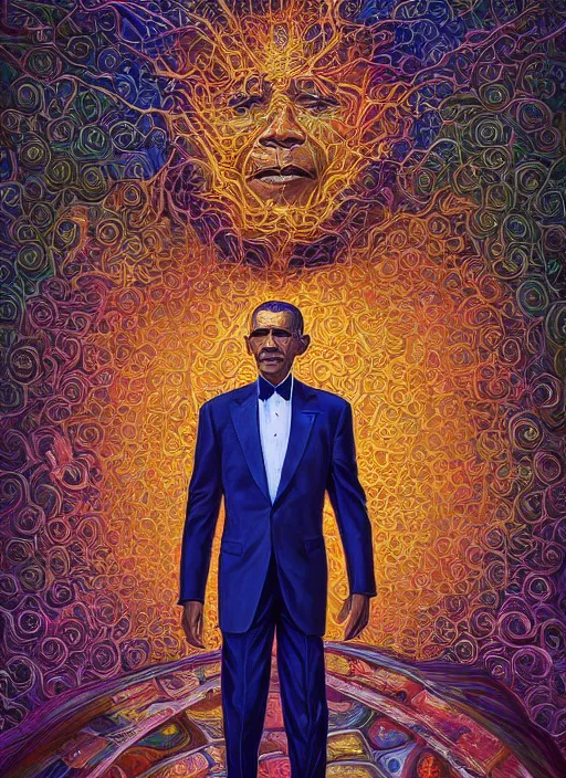 Prompt: beautiful oil painting, full length portrait of Barack Obama in coronation robes 1701, baroque, Dan Mumford, Dan Mumford, Alex grey, Alex grey, highly detailed , lsd visuals, dmt fractal patterns, hallucinogen, visionary art, psychedelic art, ornate, vaporwave, baroque