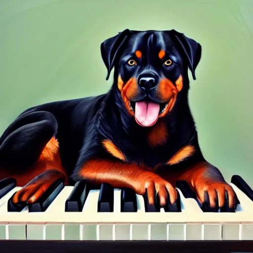 Image similar to rottweiler playing the piano, oil painting, artgerm, portrait, highly detailed, artstation
