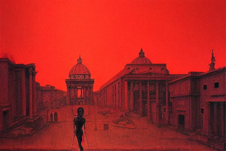 Image similar to only with red, caesar after war, a red tiger, in hoc signo vinces, rome in background, an ancient path, in the style of beksinski, part by hopper, part by rodcenko, part by hofbauer, intricate composition, red by caravaggio, insanely quality, highly detailed, masterpiece, red light, artstation