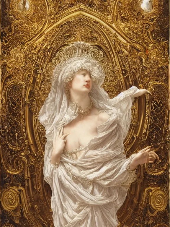 Image similar to a beautiful render of baroque catholic veiled the white queen sculpture with symmetry intricate detailed,by Lawrence Alma-Tadema, peter gric,aaron horkey,Billelis,trending on pinterest,hyperreal,jewelry,gold,intricate,maximalist,golden ratio,cinematic lighting