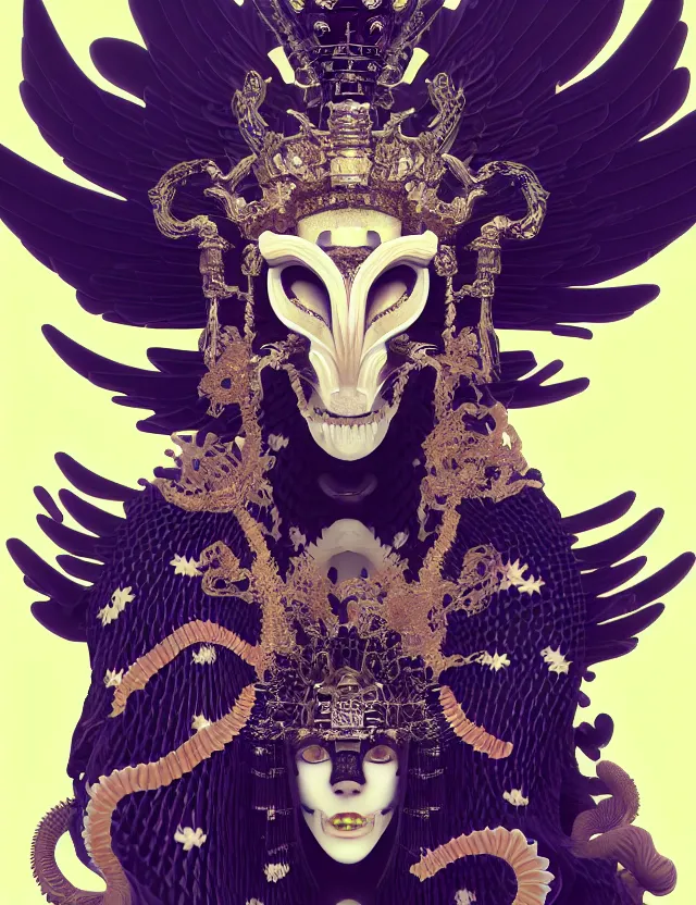 Image similar to 3 d goddess close - up profile portrait with crown, ram skull. beautiful intricately detailed japanese crow kitsune mask and clasical japanese kimono. betta fish, jellyfish phoenix, bio luminescent, plasma, ice, water, wind, creature, artwork by tooth wu and wlop and beeple and greg rutkowski