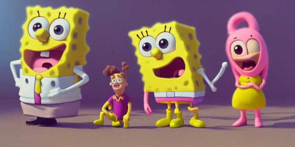 Image similar to “animated Ariana grande and SpongeBob hanging out. 4. Octane render, 4k, 8k, unreal 5, very detailed, hyper realism, trending on artstation.”