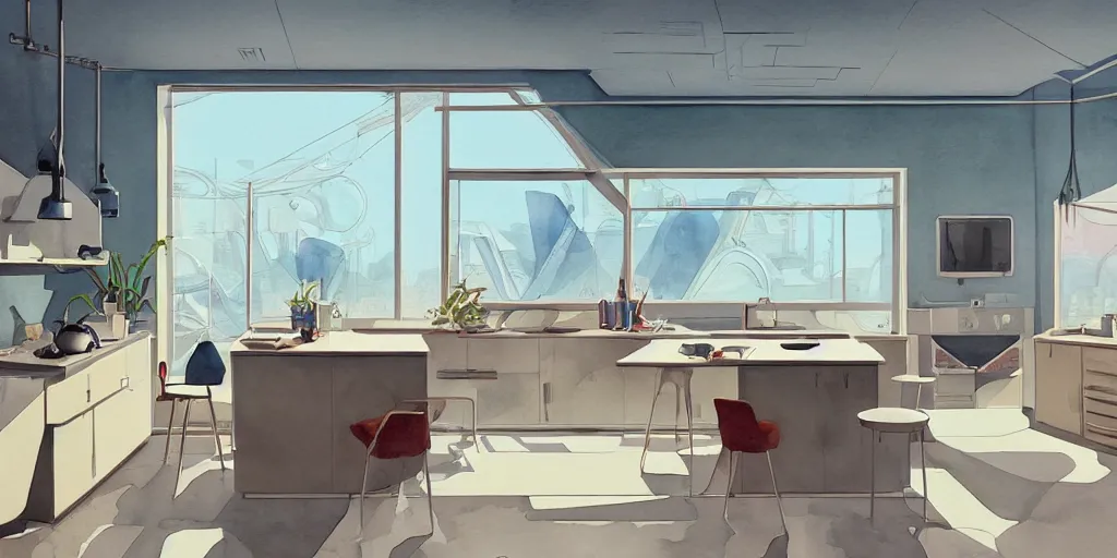 Prompt: a beautiful illustration of futuristic kitchen, lots of furniture, big medium small, sacred geometry, golden ratio, in watercolor gouache detailed paintings, in style of syd mead, trending on artstation, 8 k, panel, hard surface, wallpaper, zaha hadid, scattered props, plant, cozy, decoration, simon stalenhag, wes anderson