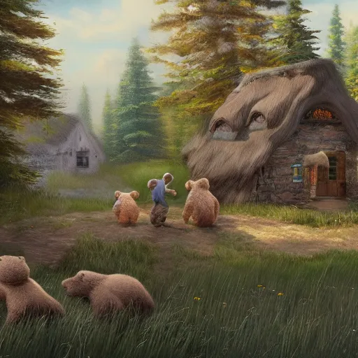 Image similar to cottage with three humanoid bear cubs in front, aesthetic, oil painting, pale colors, high detail, 8 k, wide angle, trending on artstation,