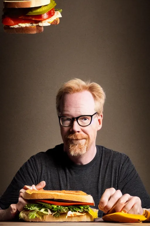 Prompt: 📷 portrait of adam savage the sandwich, food head, still image, dynamic lighting, 4 k