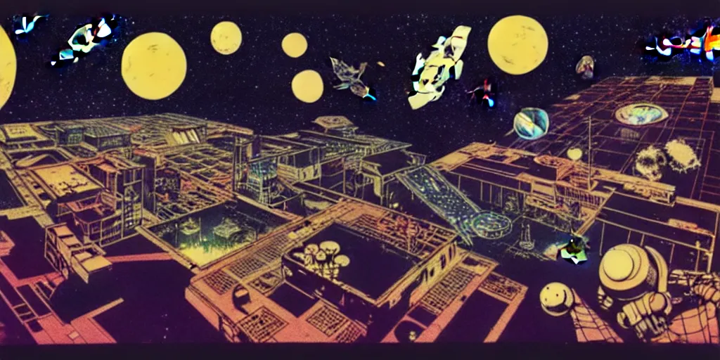 Prompt: cut out collage, low angle shot of a space port at night, retro punk, ink by Frank Miller, cinematography by Jim Jarmusch, composition by Hale Woodruff, soundtrack by Aphex Twin, background by Moebius.