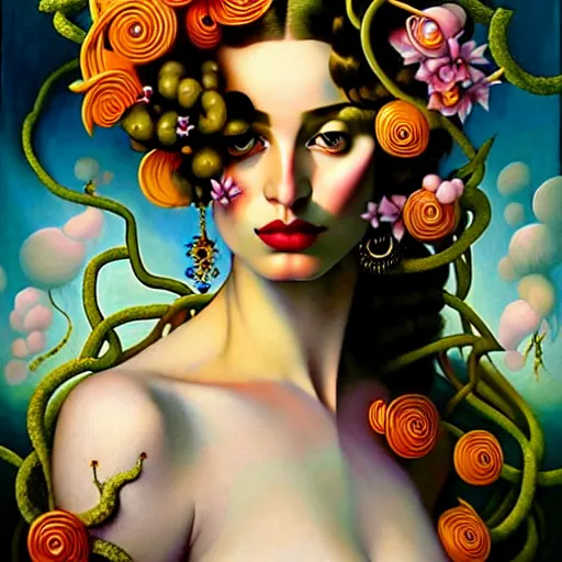 Image similar to dynamic composition, a painting of woman with hair of ( summer flowers )!! and vines wearing ornate earrings, ornate gilded details, a surrealist painting by tom bagshaw and jacek yerga and tamara de lempicka and jesse king, featured on cgsociety, pop surrealism, surrealist, dramatic lighting, wiccan, pre - raphaelite