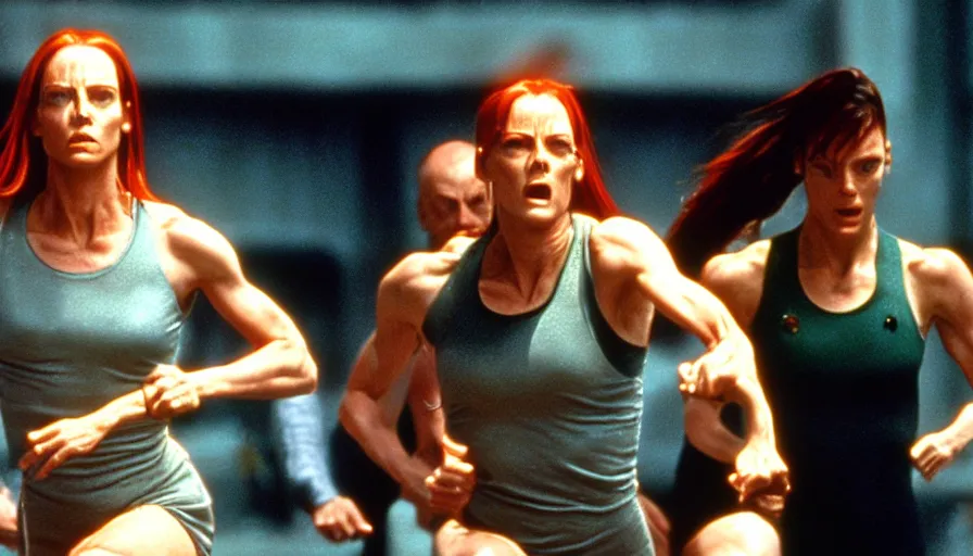Image similar to The matrix, LeeLoo, Starship Troopers, Clarice Starling, The Olympics footage, hurdlers in a race, intense moment, cinematic stillframe, shot by Roger Deakins, The fifth element, vintage robotics, formula 1, starring Geena Davis, clean lighting