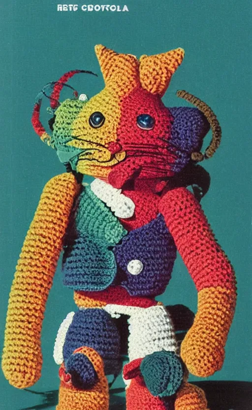 Image similar to multicolored crocheted cyborg cat, 1 9 8 0 s catalogue photo