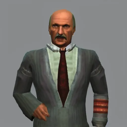 Image similar to Alexander Lukashenko wearing a suit and tie in Balmora in Elder Scrolls III: Morrowind, outdated 2002 Morrowind graphics, low definition, lowpoly