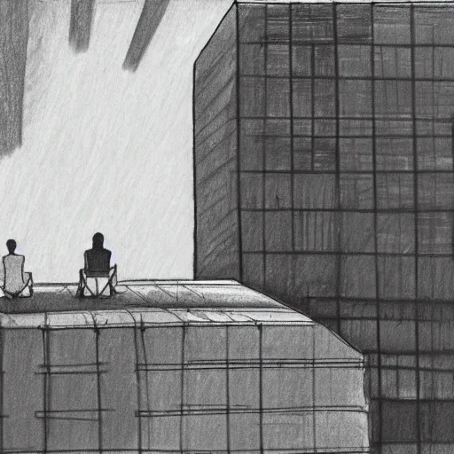 Prompt: a pencil sketch of 2 people sitting on the edge of a building looking away from the camera, tall rectangular buildings in the background, planes flying overhead