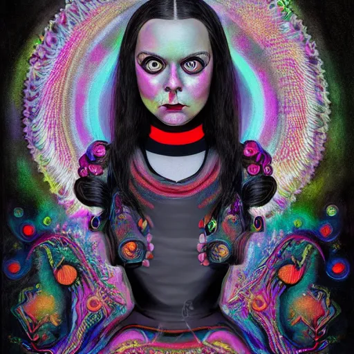 Image similar to An extremely psychedelic portrait of Wednesday Addams, surreal, LSD, face, detailed, intricate, elegant, lithe, highly detailed, digital painting, artstation, concept art, smooth, sharp focus, illustration